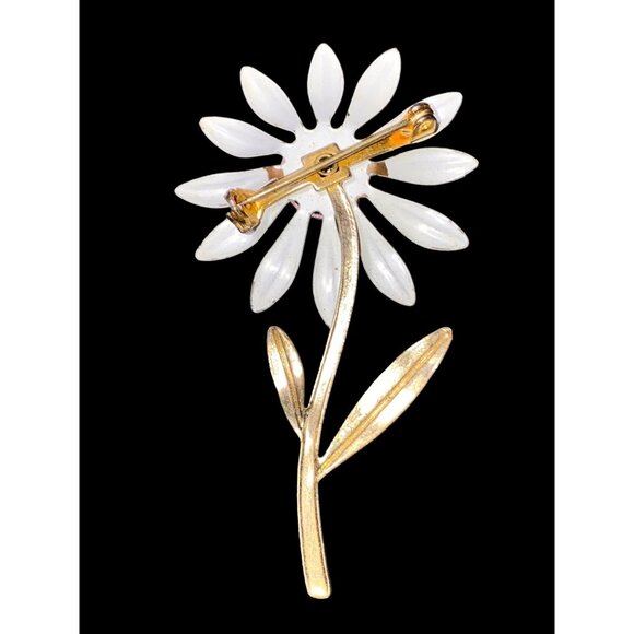 Vintage Enamel Daisy Flower Brooch Pin With Red Center & Gold-Tone Stem - Picture 2 of 2